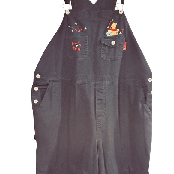 Vtg Disney Winnie The Pooh Bib Overalls Women 22 Plus Black Embroidered 90s Y2K